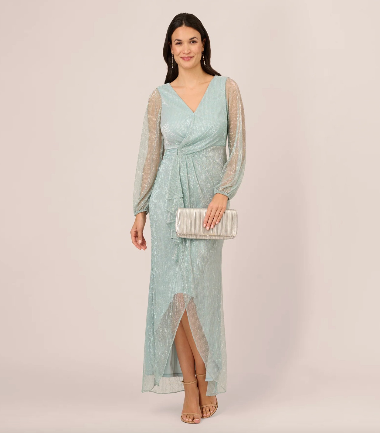 Adrianna Papell Crinkle Metallic Gown Mesh Sheer Draped Mint Smoke Us 6 Nwt